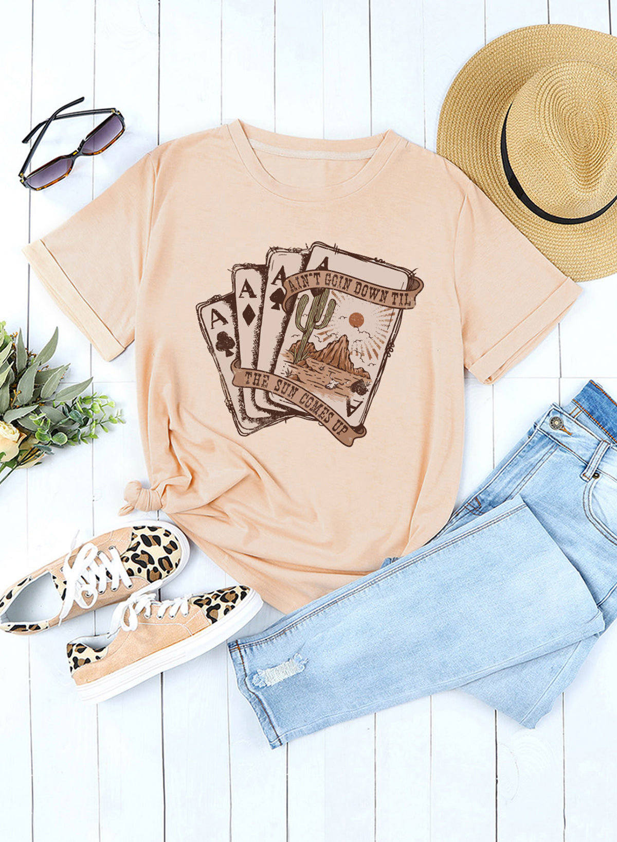 Khaki Western Poker Cards Graphic T Shirt