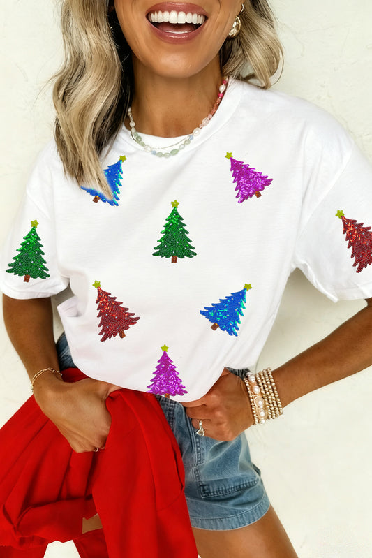 White Glitter Christmas Tree Pattern Cuffed Sleeve Christmas T Shirt