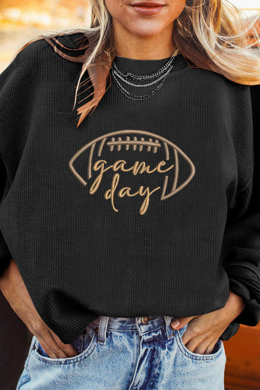 Black Rugby Game Day Embroidered Corduroy Sweatshirt