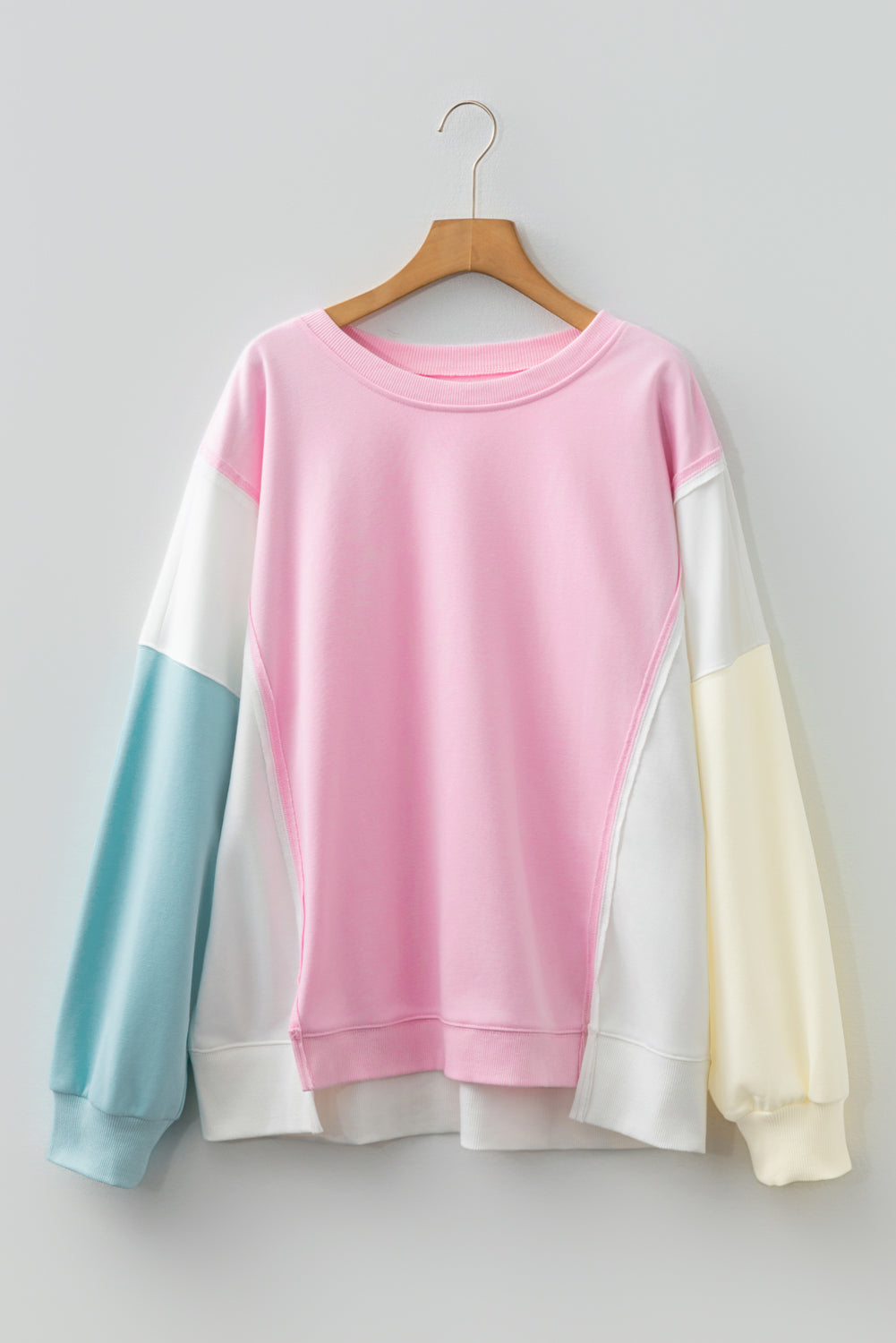 Pink Colorblock Patchwork Drop Shoulder Plus Size Sweatshirt