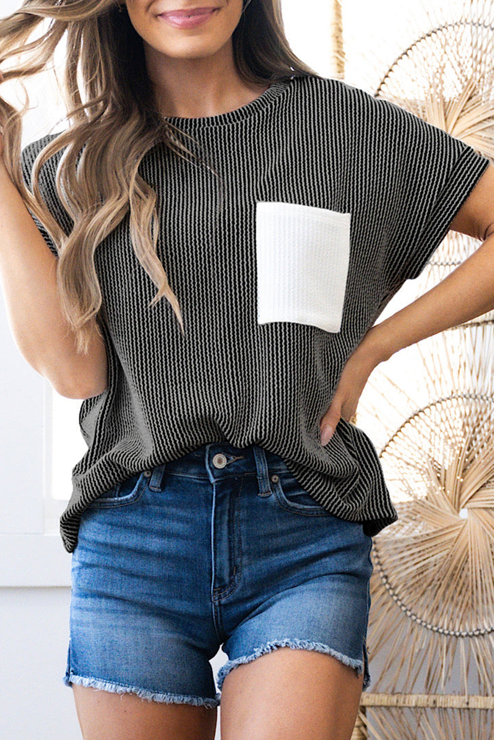 Pink Corded Knit Color Block Pocketed Crew Neck T Shirt