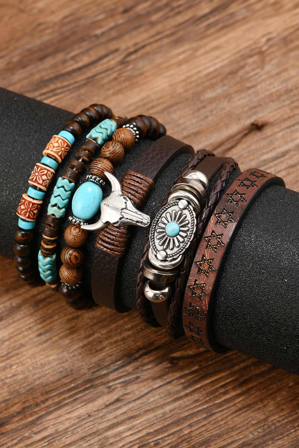 Chestnut 6 Piece Western Bull Skull Turquoise Beading Bracelet