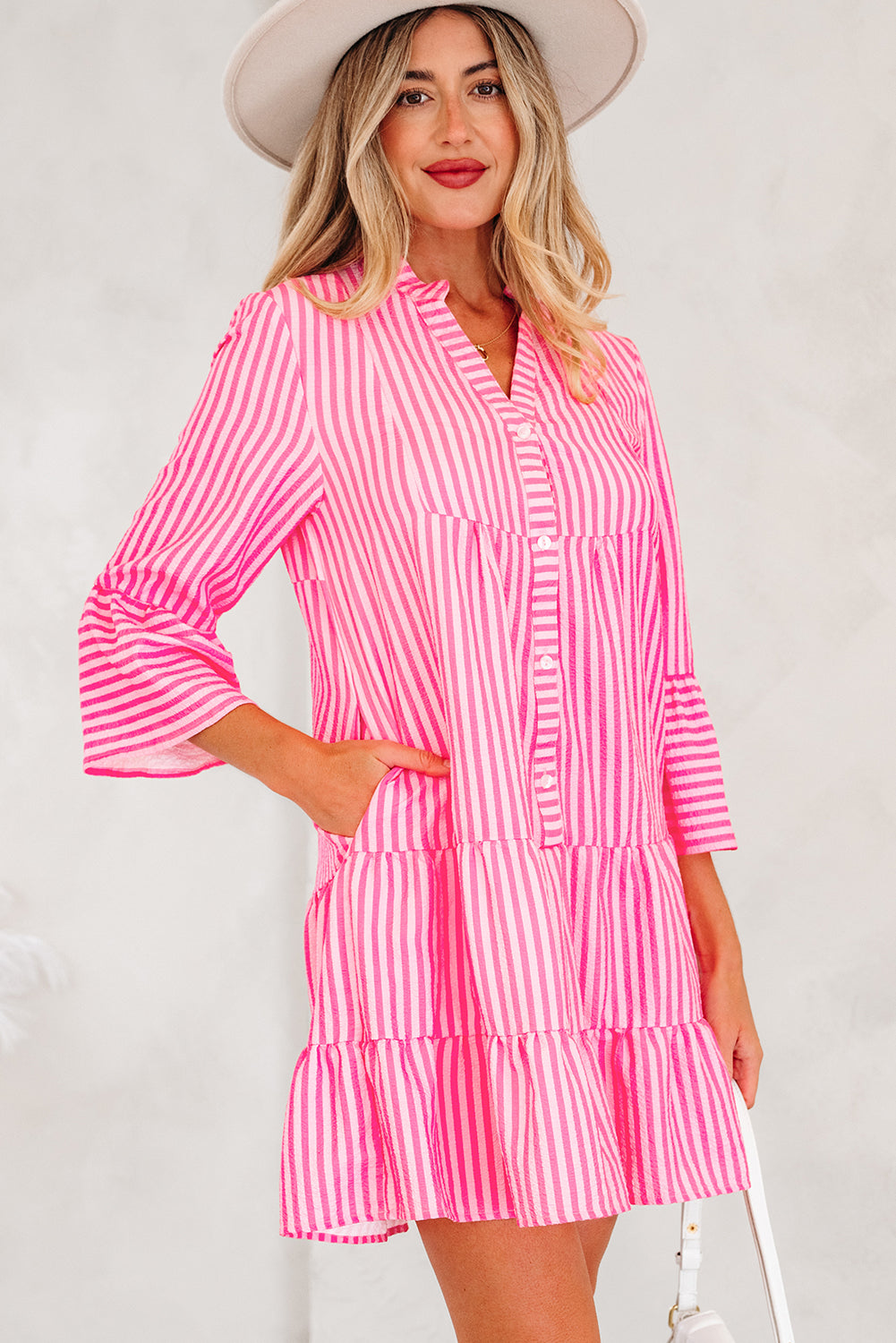 Pink Stripe Flare Sleeve Half Placket Tiered Flowy Mini Dress