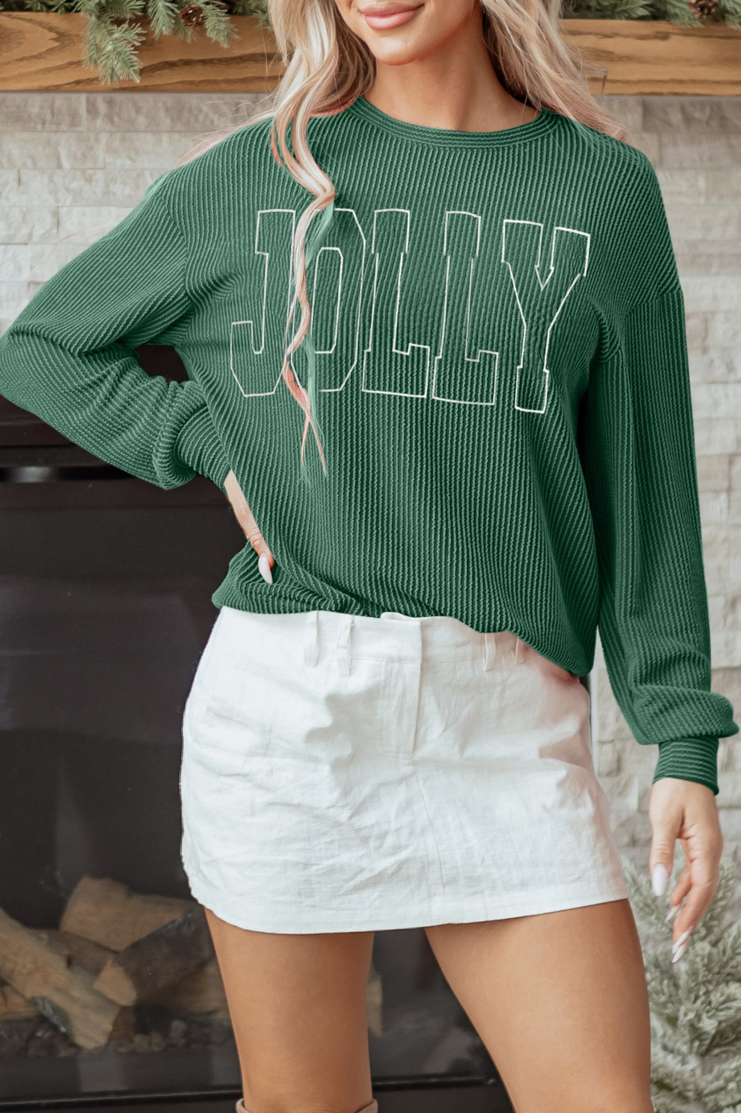 Evergreen Twisted Rib Outlined Merry Letter Graphic Loose Long Sleeve Top