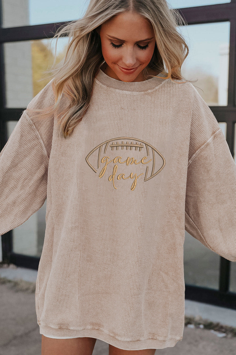Black Rugby Game Day Embroidered Corduroy Sweatshirt