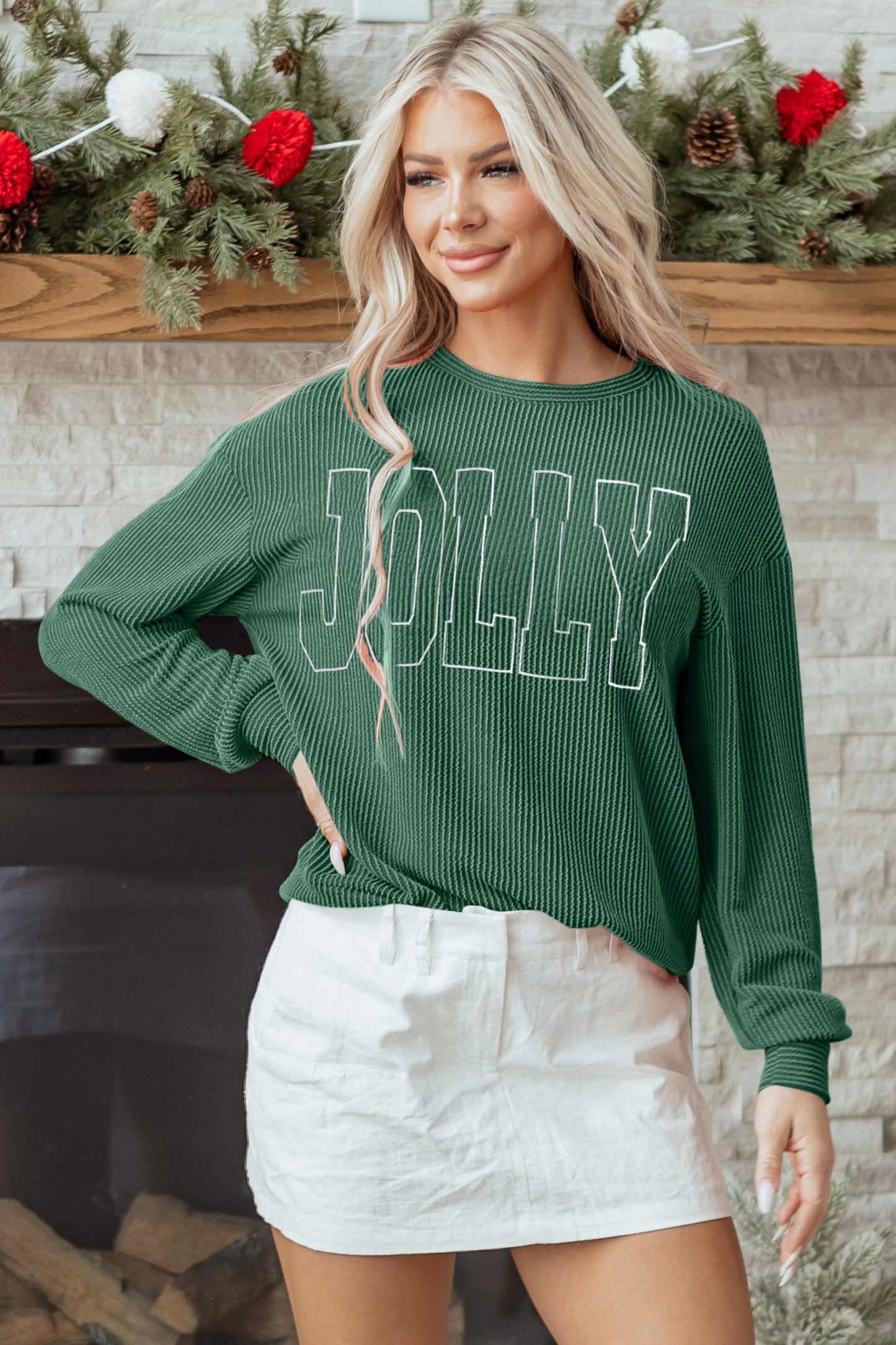 Evergreen Twisted Rib Outlined Merry Letter Graphic Loose Long Sleeve Top
