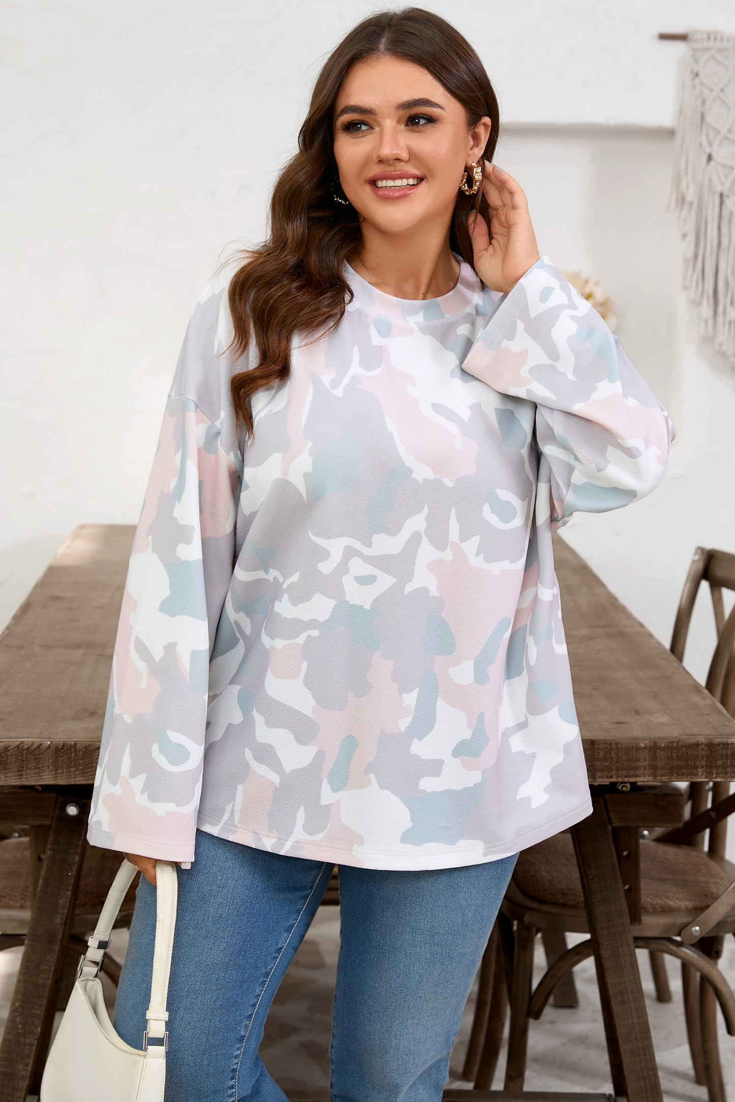 Green Plus Size Camouflage Print Drop Shoulder Loose Pullover Top