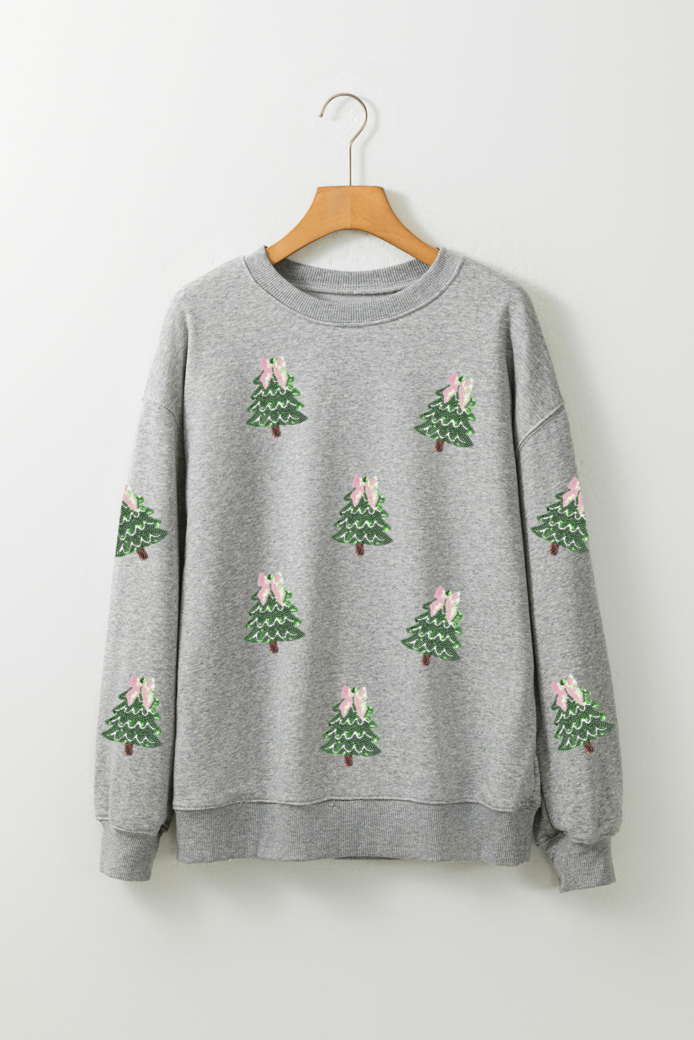 Pink Sequined Xmas Tree Patched Patterned Holiday Pullover Sweatshirt