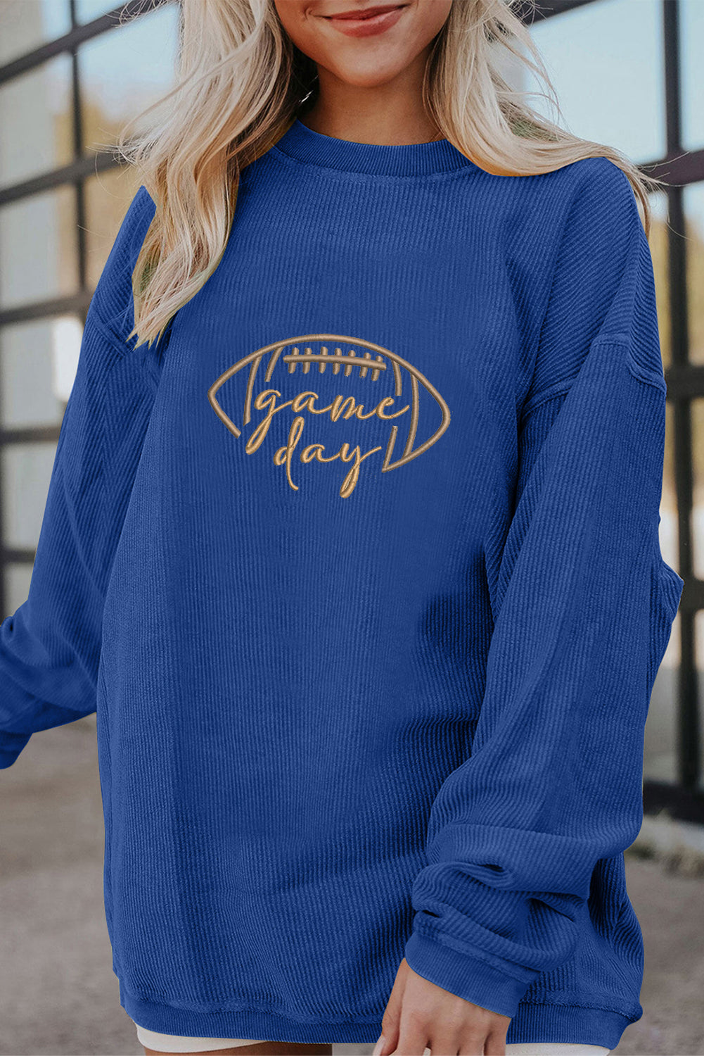Black Rugby Game Day Embroidered Corduroy Sweatshirt