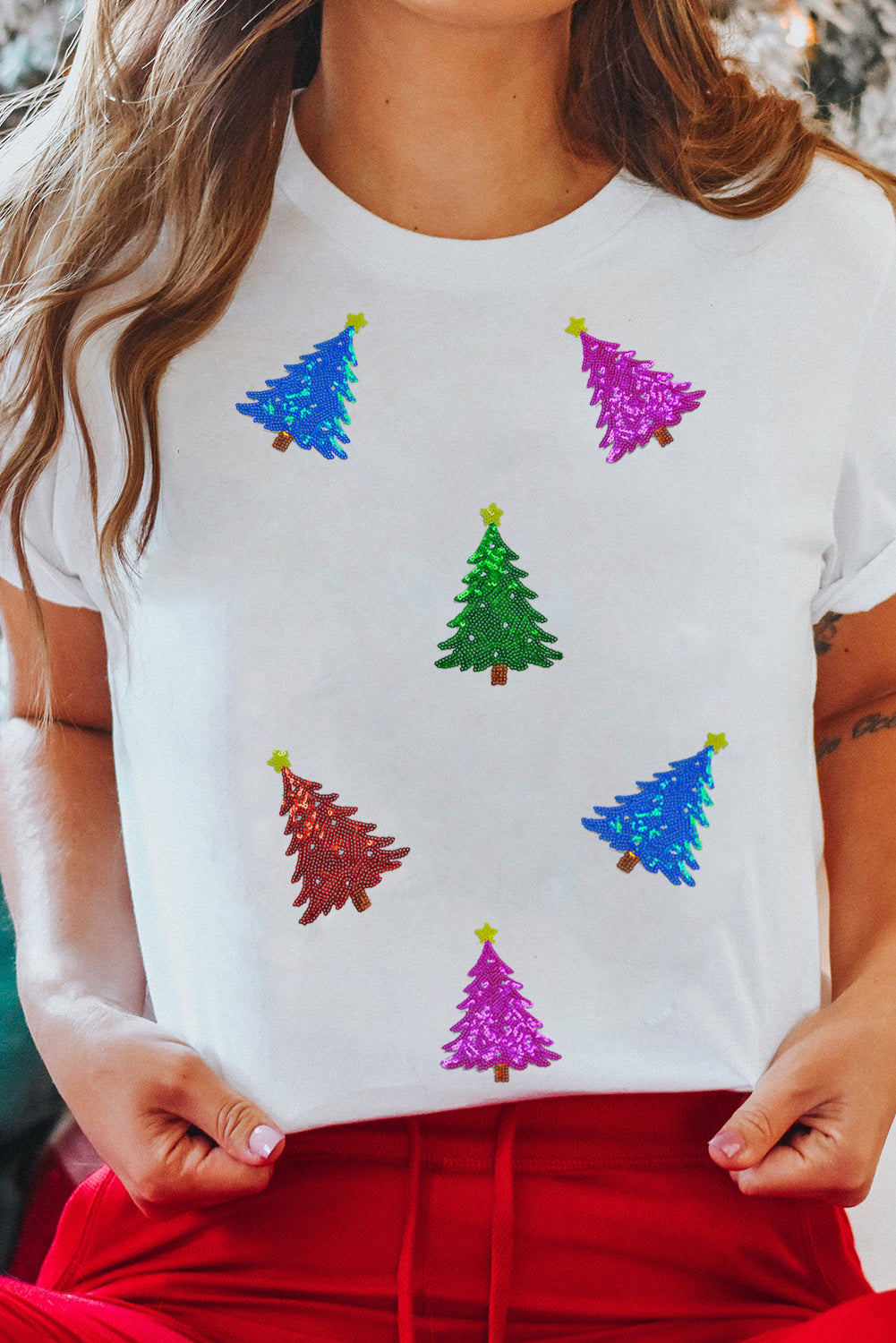 White Glitter Christmas Tree Pattern Cuffed Sleeve Christmas T Shirt