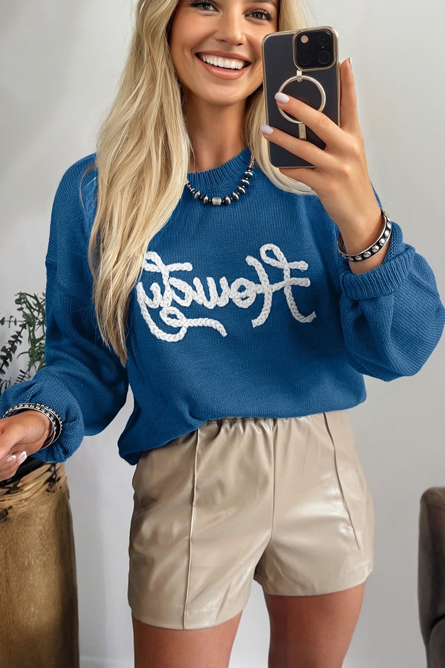 Dusk Blue Howdy Embroidered Graphic Western Sweater