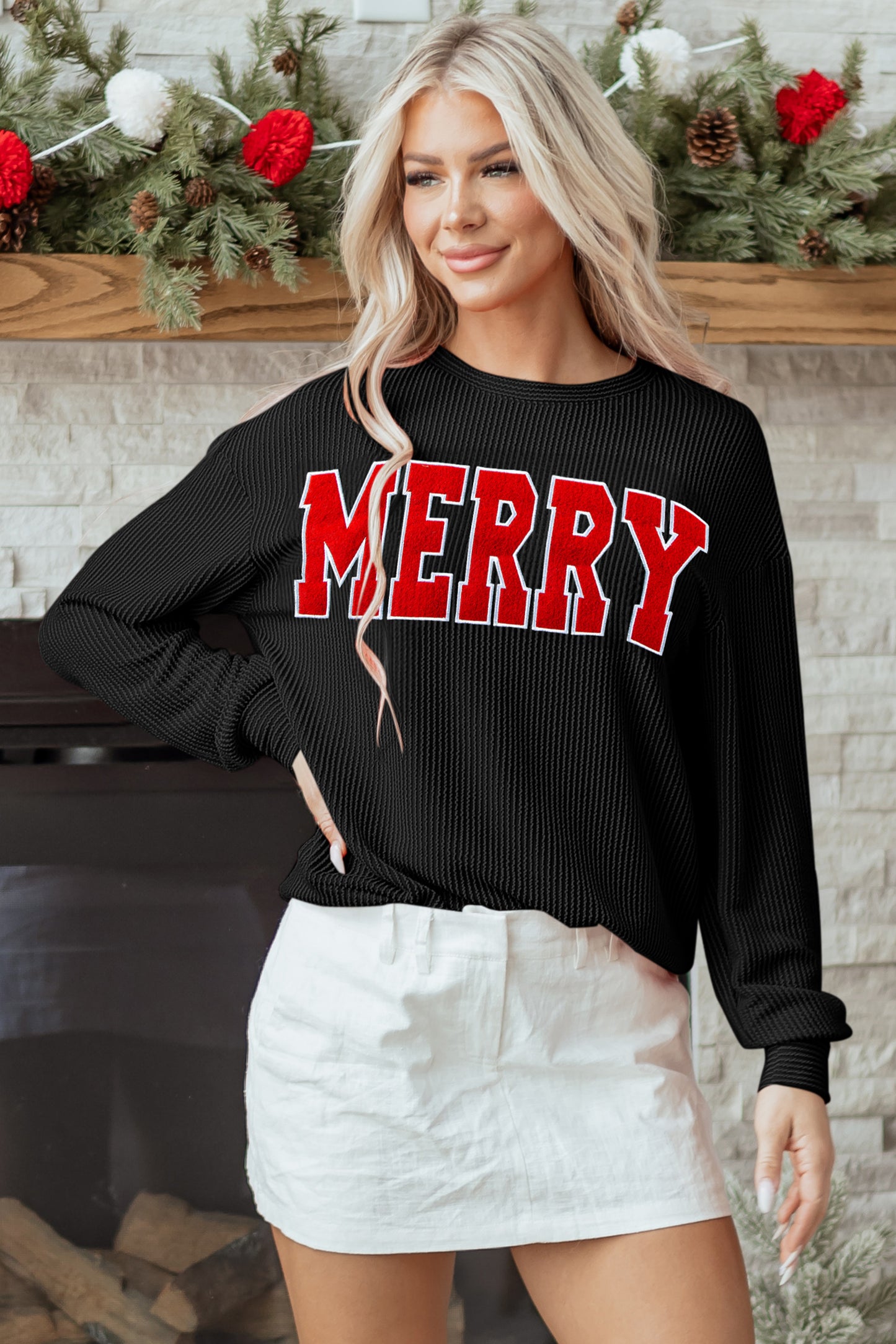 Evergreen Twisted Rib Outlined Merry Letter Graphic Loose Long Sleeve Top
