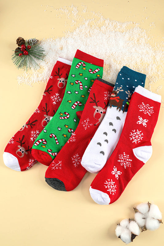 Dearlove Fiery Red 5 Pairs/Set Christmas Cartoon Elk Soft Socks Set with Box