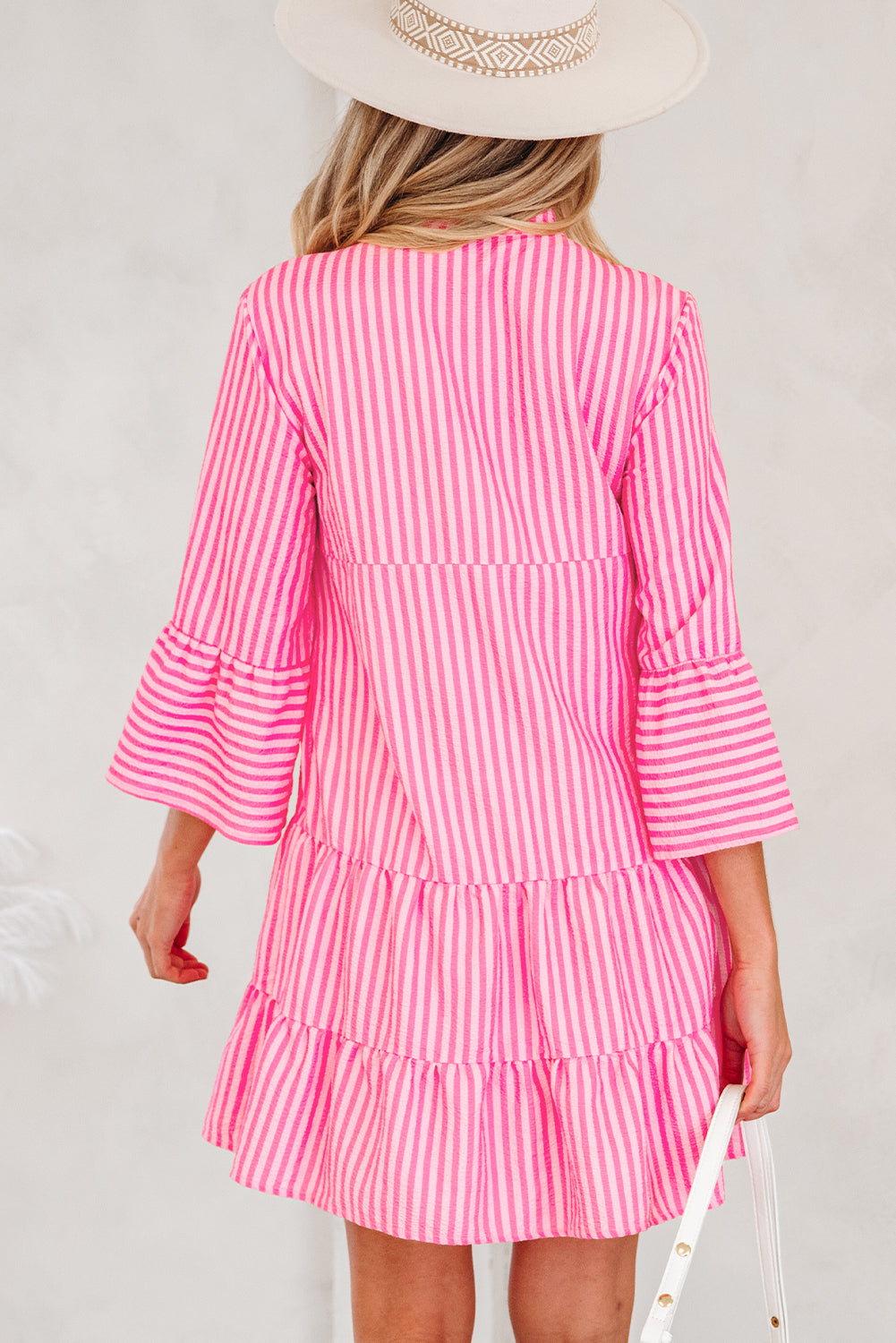 Pink Stripe Flare Sleeve Half Placket Tiered Flowy Mini Dress