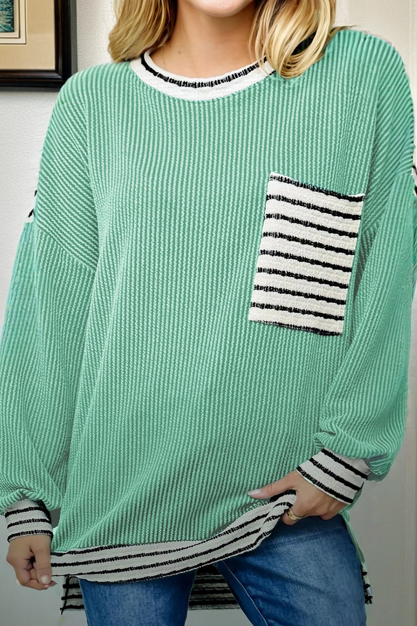 Sea Green Twisted Ribbed Contrast Round Neck Striped Patchwork Long Sleeve Top