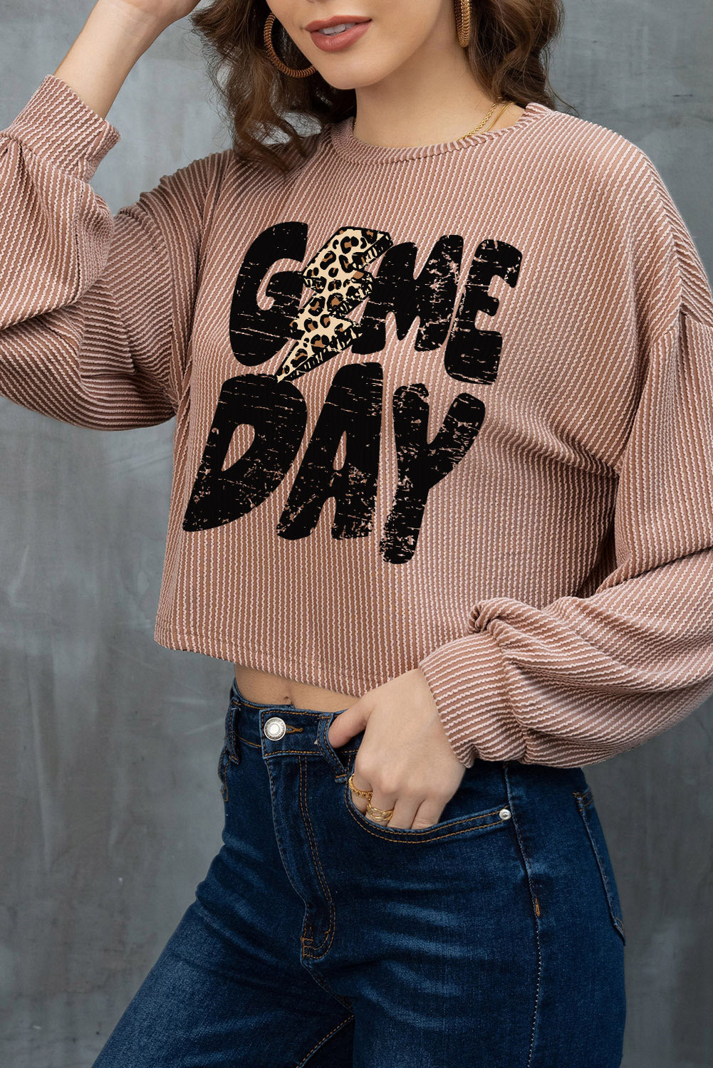 Khaki Game Day Graphic Crop Rugby Football Corded Knit Top